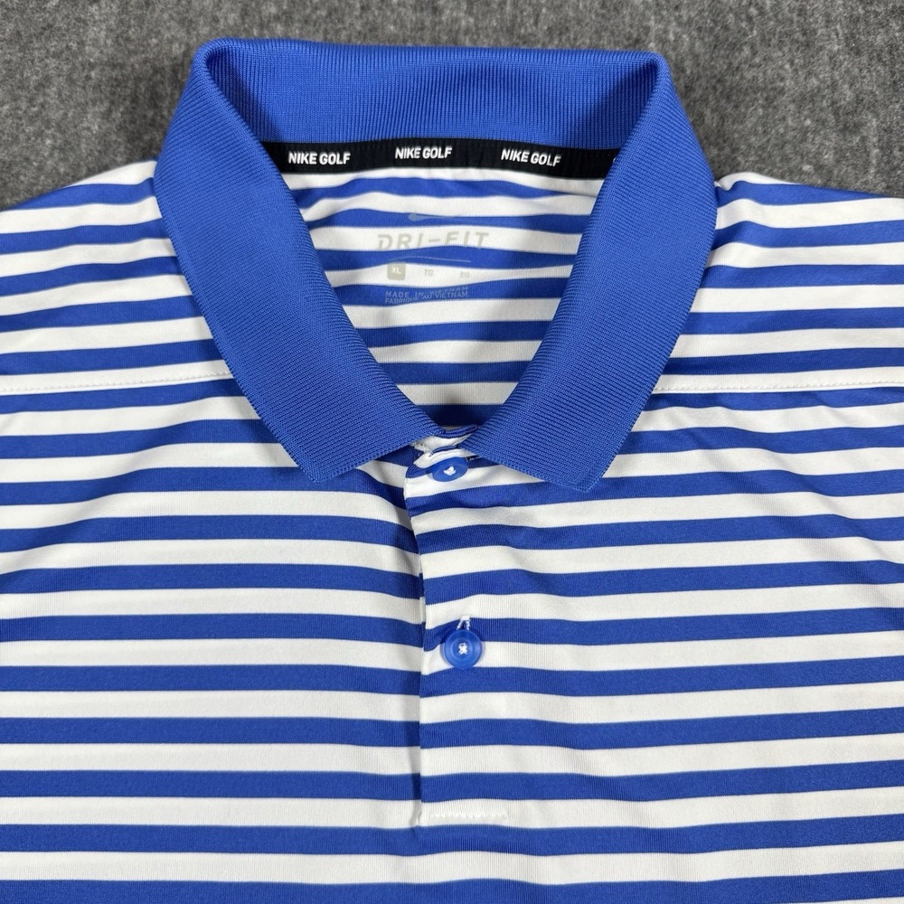 Nike Golf Men's M Dri-FIT Polo Shirt Blue White Striped Short Sleeve Swoosh